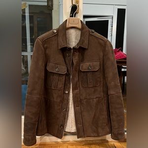 Brown suede merino shearling shirt-style outerwear jacket